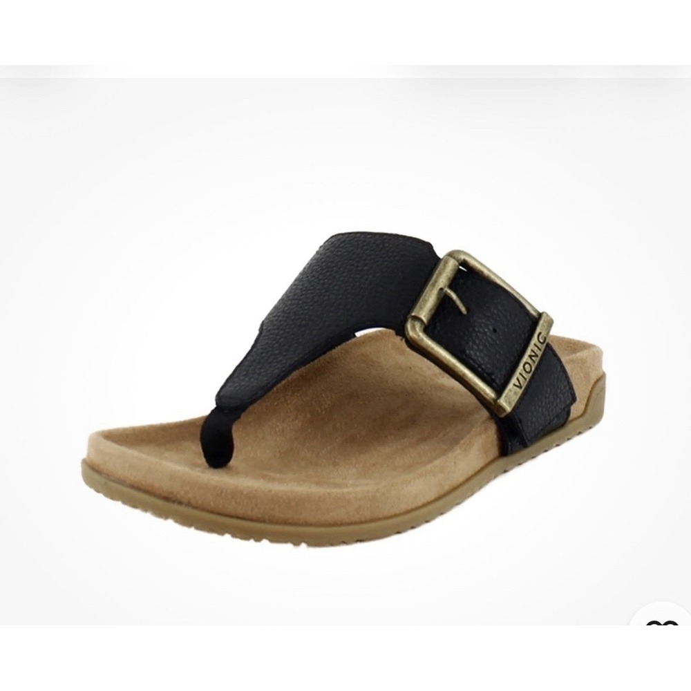 Vionic Emma Black Sz 9 Thong Slip On Sandals Brass Buckle Leather Vio Motion NEW